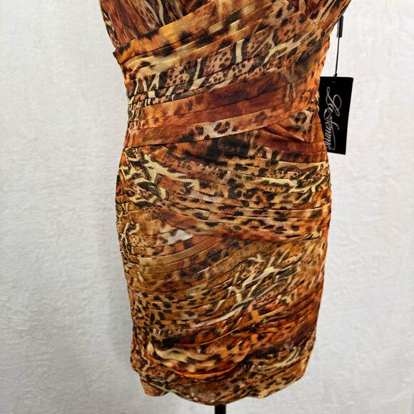 NWT La Femme Animal Print Mini Dress Brown Pleated Sheath Party Cocktail Size 10 - Picture 3 of 10